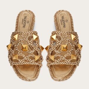 100% Auth Valentino Gold Roman Stud Rockstud Braided Leather Sandals 38 8